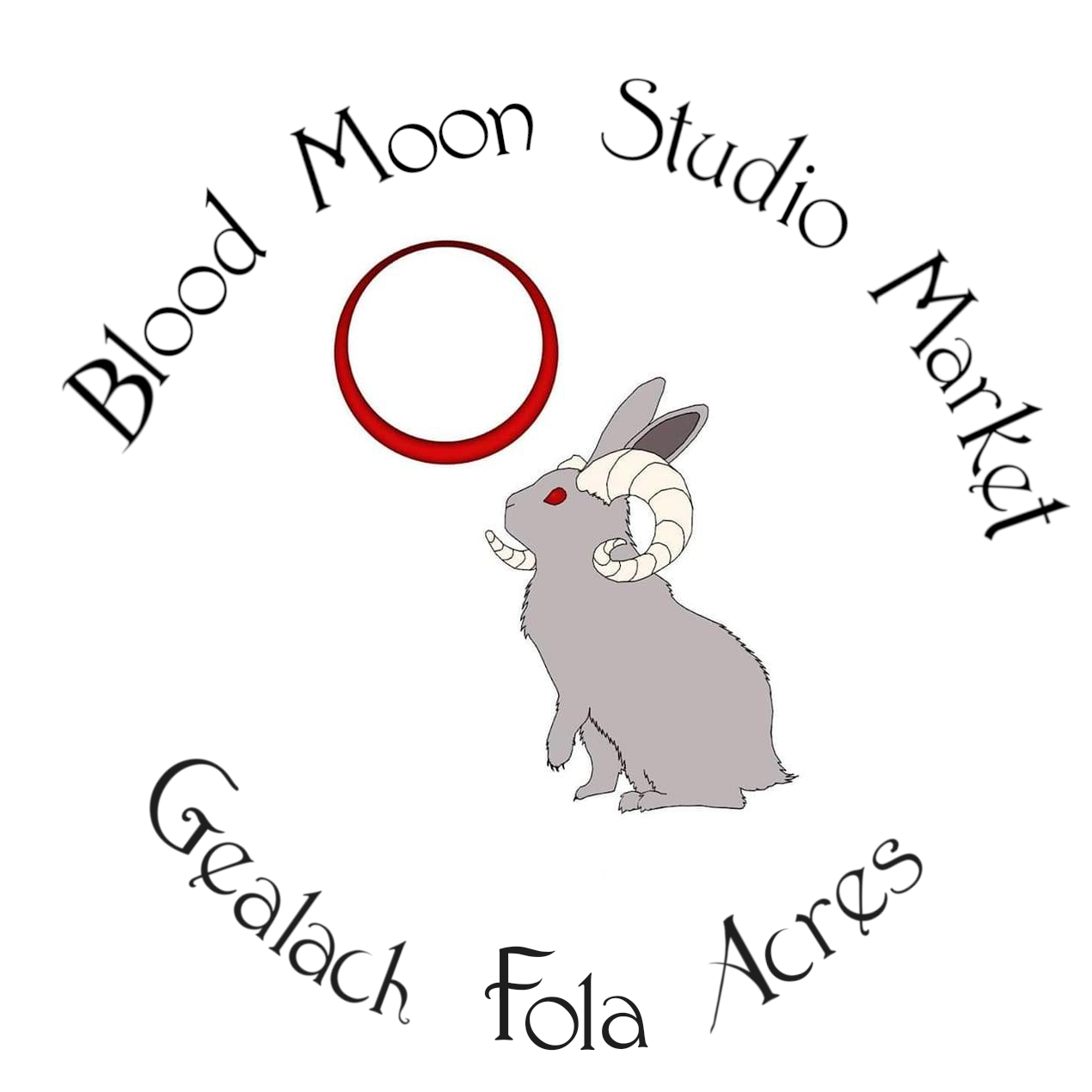 blood moon studio market and gealach fola acres logo -- jackalope under a blood moon